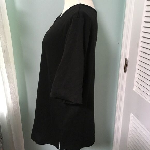 Quacker Factory black rhinestone ring neckline elbow sleeves versatile top - Picture 5 of 6